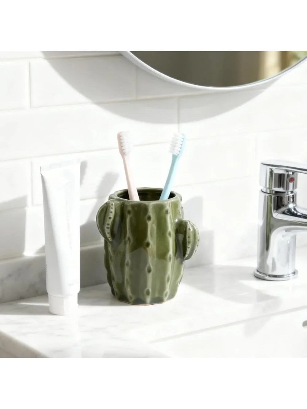 Green Ceramic Cactus Toothbrush Holder - Fun Western Bathroom Decor Accent